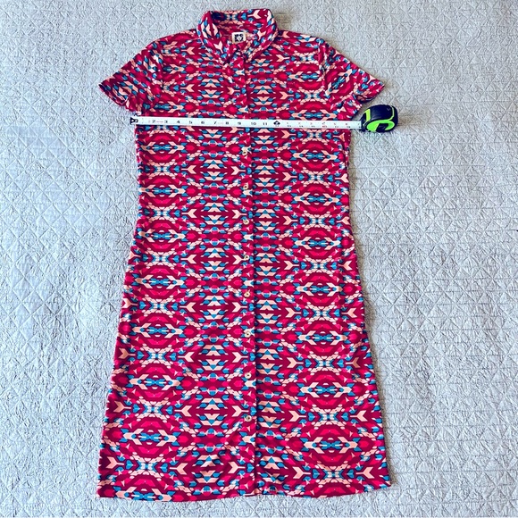 Anne Klein Womens gold Button Front Dress Size s Stretchy red & blue pattern - Picture 5 of 8